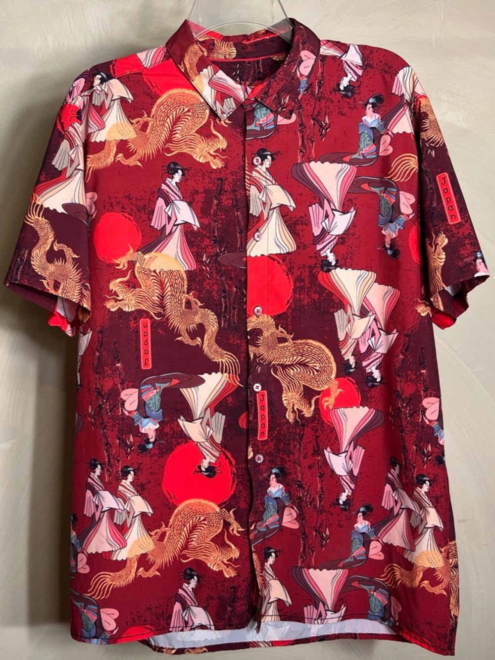 Fresh Print Mens Graphic Print Japan Geisha Dragon  S/S Button-Up AOP Shirt|Sz:L